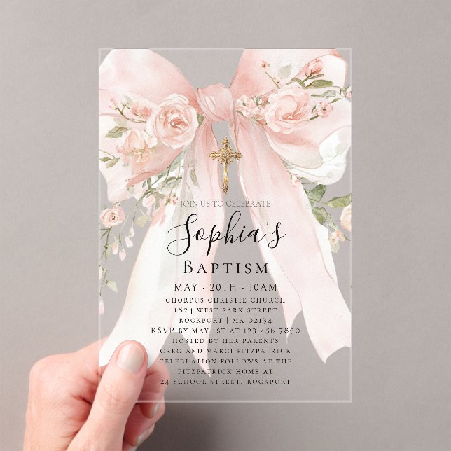 Pink Bow Rose Floral Girl Baptism Acrylic Invitations (Insitu (Handheld))