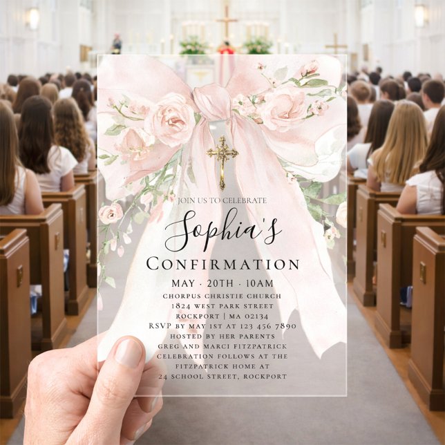 Pink Bow Rose Floral Girl Confirmation Acrylic Invitations (Creator Uploaded)