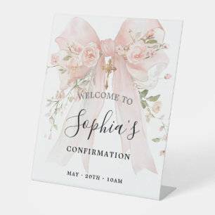 Pink Bow Rose Floral Girl Confirmation Pedestal Sign