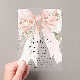 Pink Bow Rose Floral Girl Dedication Acrylic Invitations