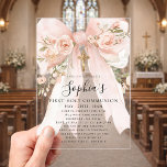 Pink Bow Rose Floral Girl First Communion  Acrylic Invitations<br><div class="desc">Blush pink watercolor coquette bow is decorated with roses and sage green greenery. A gold cross is placed above the text. The back is a chic pink and white stripe pattern. Your daughter's name is written in a beautiful calligraphy script. All text is editable.</div>