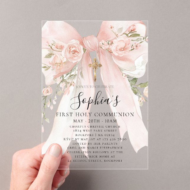 Pink Bow Rose Floral Girl First Communion Acrylic Invitations (Insitu (Handheld))