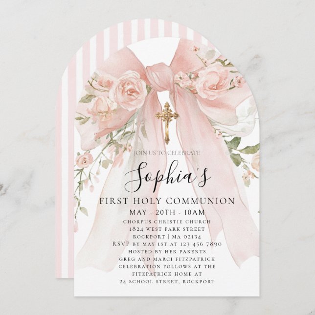 Pink Bow Rose Floral Girl First Communion Arch Invitation (Front/Back)