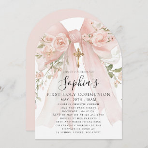 Pink Bow Rose Floral Girl First Communion Arch Invitation