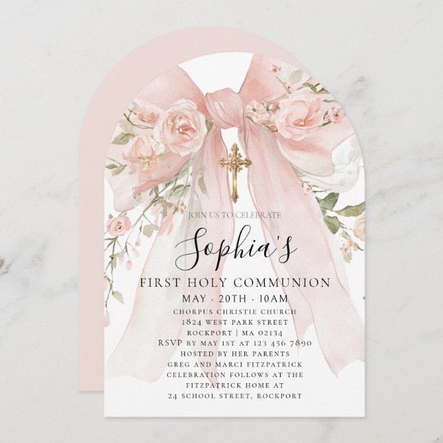 Pink Bow Rose Floral Girl First Communion Arch Invitation (Front/Back)