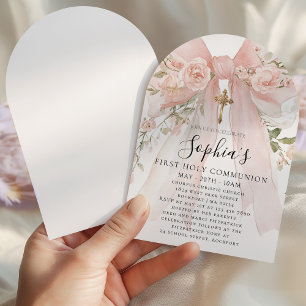 Pink Bow Rose Floral Girl First Communion Arch Invitation