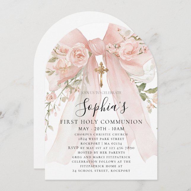 Pink Bow Rose Floral Girl First Communion Arch Invitation (Front/Back)