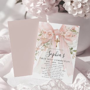 Pink Bow Rose Floral Girl First Communion Invitation
