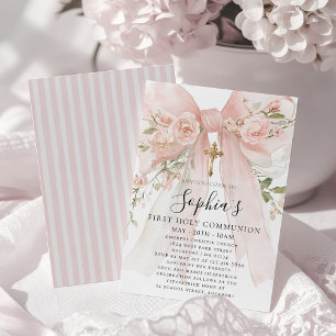 Pink Bow Rose Floral Girl First Communion Invitation