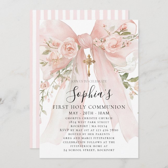 Pink Bow Rose Floral Girl First Communion Invitation (Front/Back)