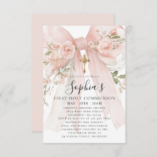 Pink Bow Rose Floral Girl First Communion Petite Invitation