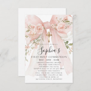 Pink Bow Rose Floral Girl First Communion Petite Invitation