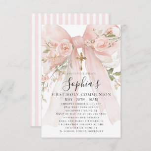 Pink Bow Rose Floral Girl First Communion Petite Invitation