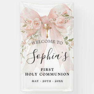 Pink Bow Rose Floral Girl First Communion Vertical Banner
