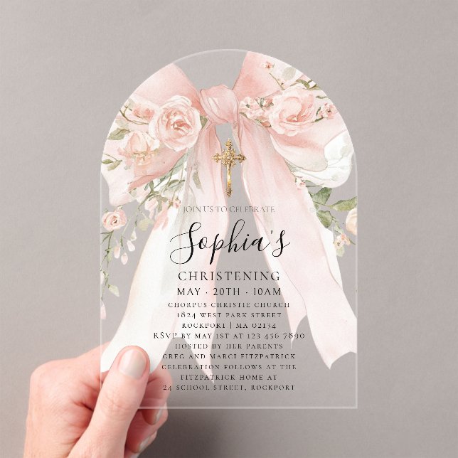 Pink Bow Rose Floral Girl's Christening Arch Acrylic Invitations (Insitu (Handheld))