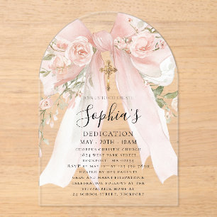 Pink Bow Rose Floral Girl's Dedication Arch Acrylic Invitations