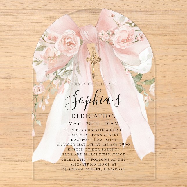 Pink Bow Rose Floral Girl's Dedication Arch Acrylic Invitations (Front)