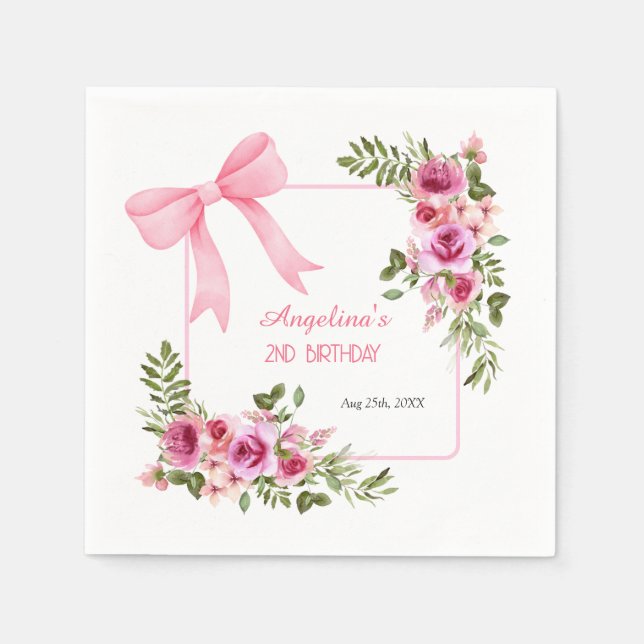 Pink Bow Rose Floral Greenery Girls Birthday Napkin (Front)