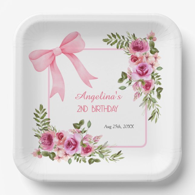 Pink Bow Rose Floral Greenery Girls Birthday Paper Plate (Front)