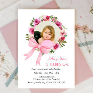 Pink Bow Rose Floral Wreath Photo Birthday Invitation