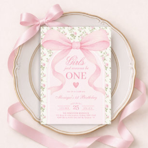 Pink Bow Rose Girls Just Wanna Be One 1st Birthday Invitation