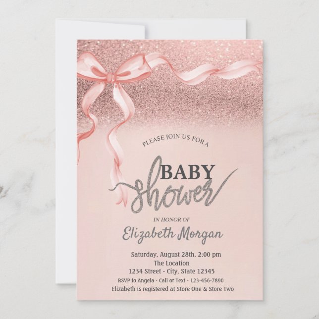 Pink Bow Rose Gold Glitter Bokeh Baby Shower Invitation (Front)