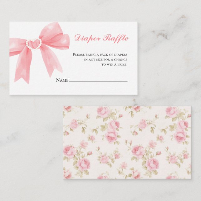 Pink bow roses preppy baby shower Diaper Raffle Enclosure Card (Front/Back)