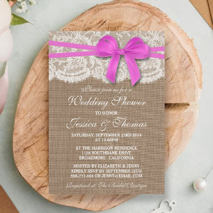 Pink Bow Rustic Burlap & Lace Wedding Shower Invitation