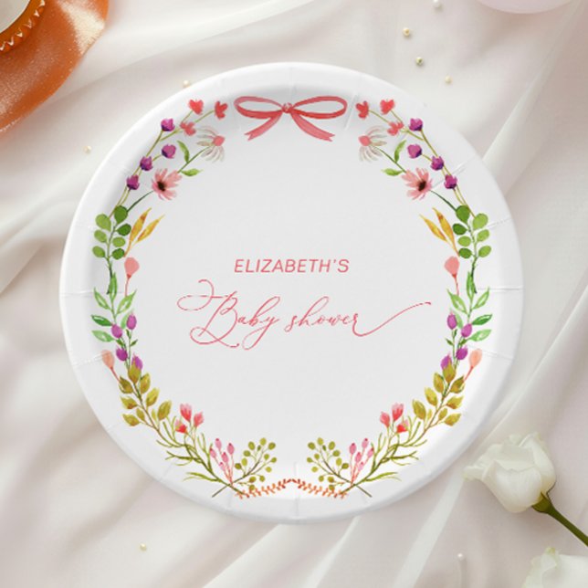 Pink Bow Rustic Floral Garden Baby Shower Paper Plate (Creator Uploaded)