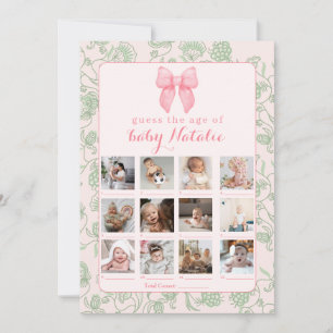 Pink Bow Sage Green Baby Girl Shower Game Invitation