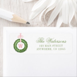 Pink Bow Sash Christmas Monogram Wreath Address