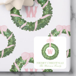 Pink Bow Sash Christmas Monogram Wreath Enclosure Square Sticker