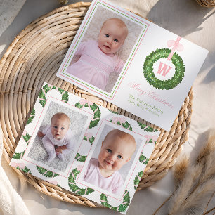 Pink Bow Sash Christmas Monogram Wreath Holiday Card