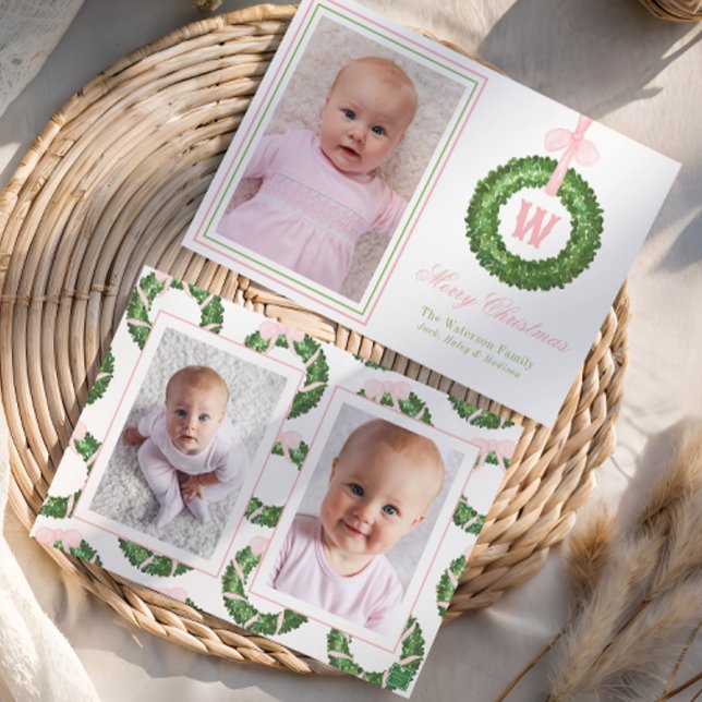 Pink Bow Sash Christmas Monogram Wreath Holiday Card (Creator Uploaded)