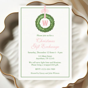 Pink Bow Sash Christmas Monogram Wreath Party Invitation