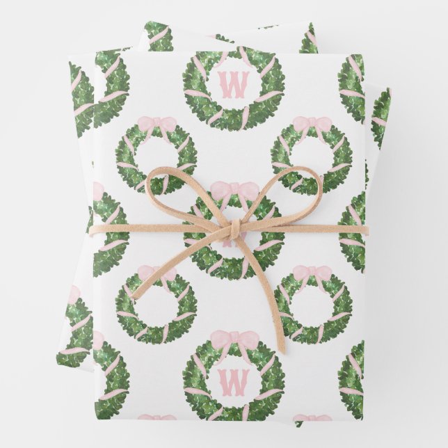 Pink Bow Sash Christmas Monogram Wreath Wrapping Paper Sheet (In situ)