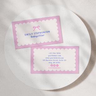 Pink Bow, Scalloped frame babysitter Business Card