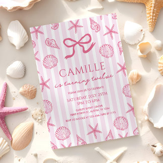 Pink Bow Seashell Coastal Beach Birthday Invitation