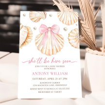 Pink Bow Seashells Girl Baby Shower Invitation