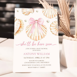 Pink Bow Seashells Girl Baby Shower Invitation