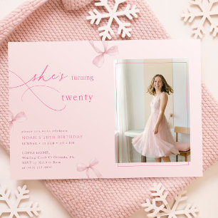 Pink Bow She is Turning Twenty Photo 20th Birthday Invitation