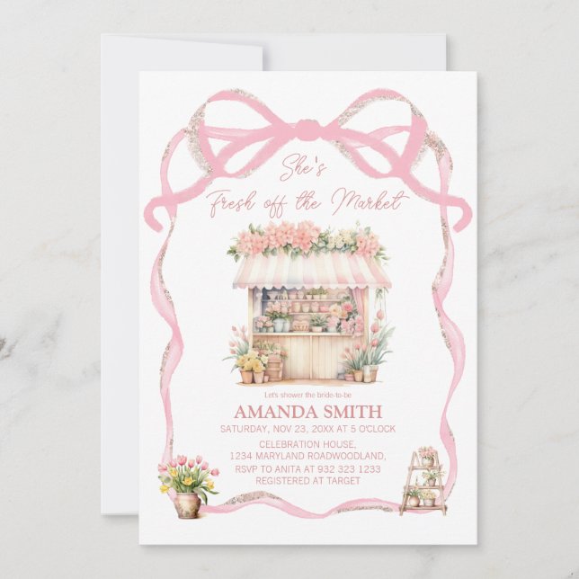 Pink Bow She's Fresh Off the Market Bridal Shower  Invitation (Front)