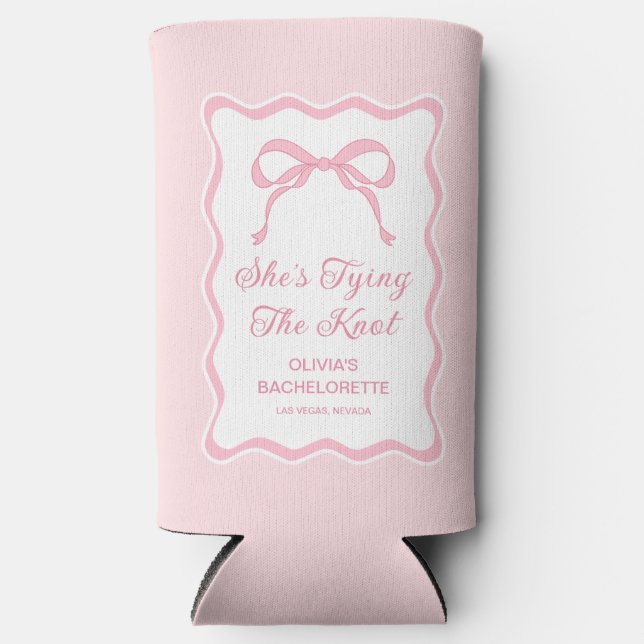 Pink Bow She's Tying the Knot Bachelorette Party  Seltzer Can Cooler (Front)