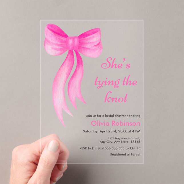 Pink Bow She's Tying the Knot Bridal Shower  Acrylic Invitations (Insitu (Handheld))