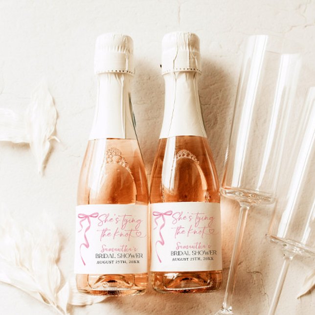 Pink Bow Shes Tying the Knot Bridal Shower Brunch Sparkling Wine Label (Creator Uploaded)