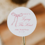 Pink Bow She's Tying The Knot Bridal Shower Classic Round Sticker<br><div class="desc">Pink Bow She's Tying The Knot Bridal Shower Favour Stickers</div>