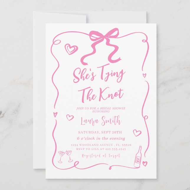 Pink Bow She's Tying The Knot Bridal Shower Invitation (Front)