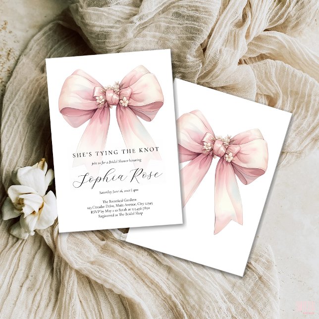 Pink Bow She's Tying The Knot Bridal Shower Invitation (Shes tying the knot bridal shower invitation with pink bow for modern coquette theme)