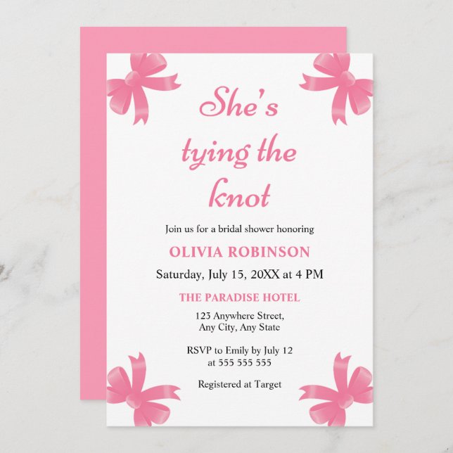 Pink Bow She's Tying the Knot Bridal Shower  Invitation (Front/Back)
