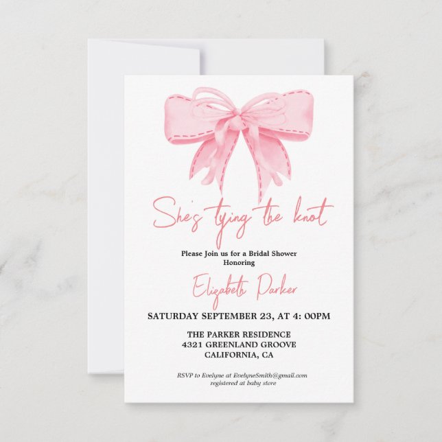 Pink Bow she's tying the knot Bridal Shower  Invitation (Front)